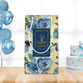 Elegant Blue Floral Gold Happy Geburtsname Kleine Geschenktüte