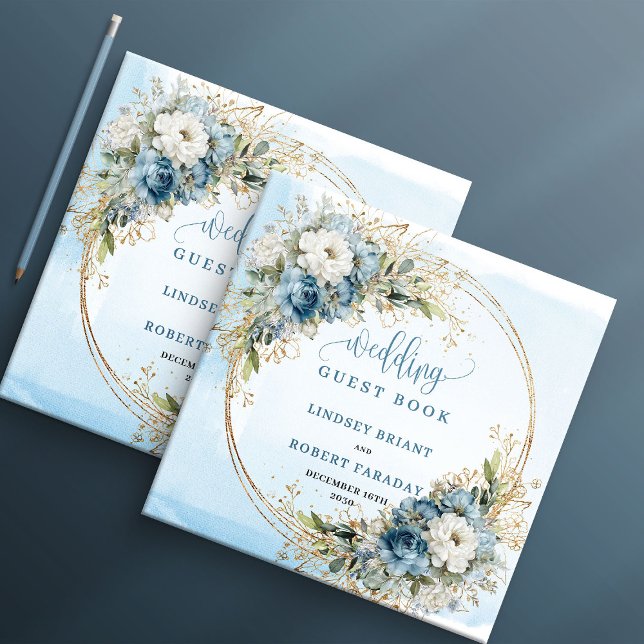 Elegant Blue Floral Gold Wedding Sign In Book Gästebuch (Elegant Blue Floral Gold Wedding Sign In Book)