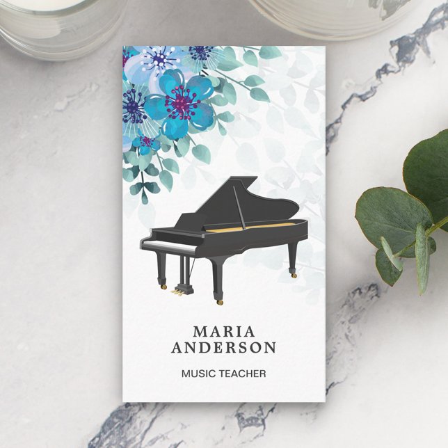 Elegant Blue Floral Grand Piano Musiker Pianist Visitenkarte (Von Creator hochgeladen)