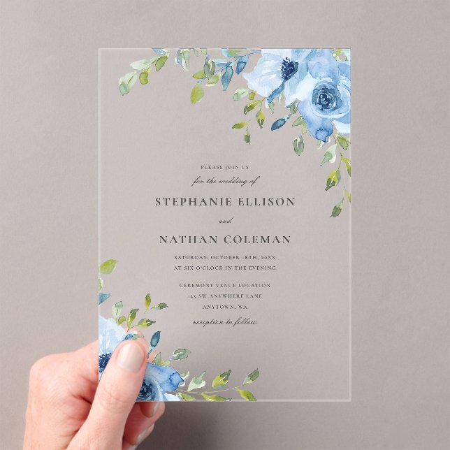 Elegant Blue Floral Greenerity Wedding Acryleinladungen (Insitu (Handheld))