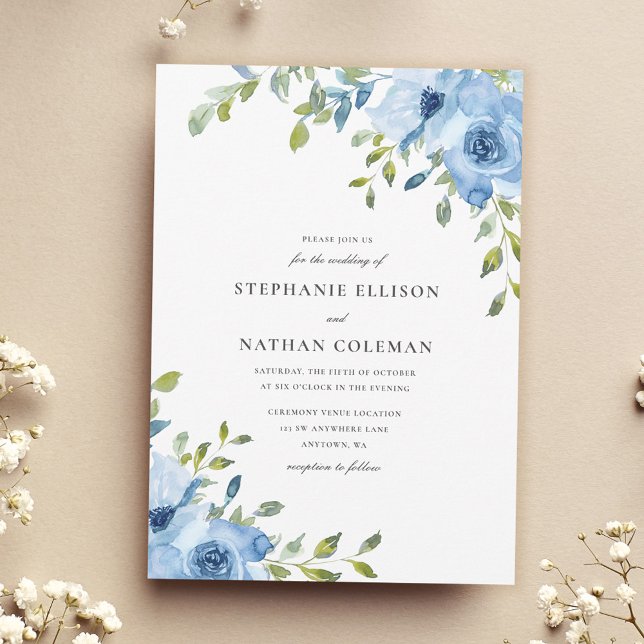 Elegant Blue Floral Greenerity Wedding Einladung (Von Creator hochgeladen)