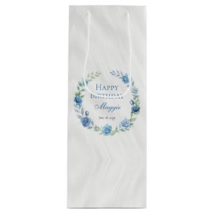 Elegant Blue Floral Happy Birthday Geschenktüte Für Weinflaschen