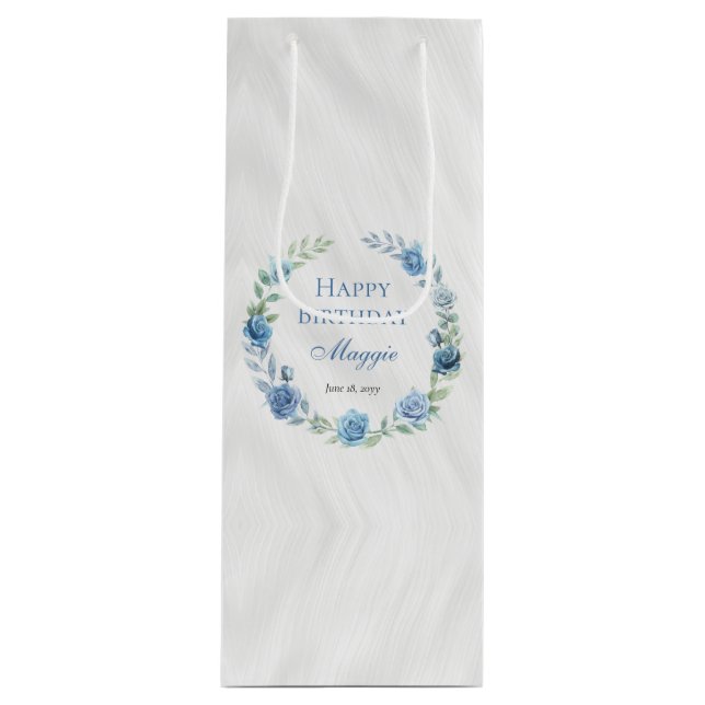 Elegant Blue Floral Happy Birthday Geschenktüte Für Weinflaschen (Vorderseite)