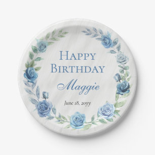 Elegant Blue Floral Happy Birthday Pappteller