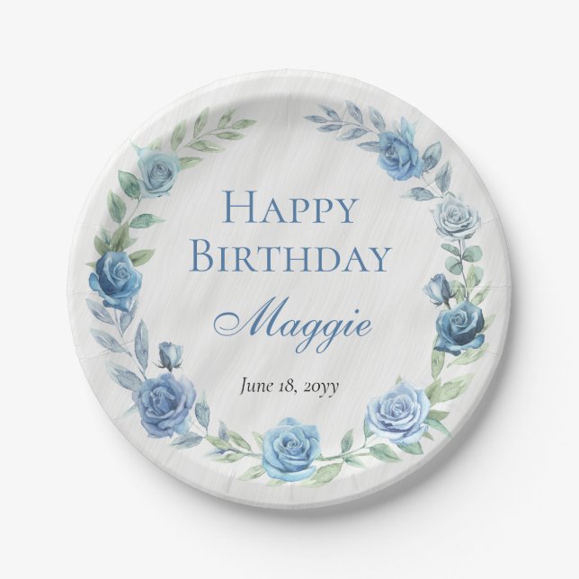 Elegant Blue Floral Happy Birthday Pappteller (Vorderseite)
