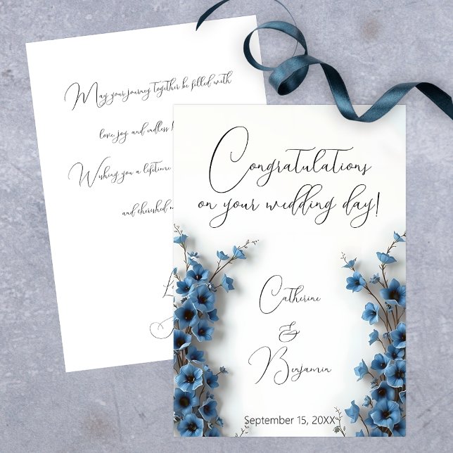 Elegant Blue Floral Hochzeitsgratulation Karte (Von Creator hochgeladen)