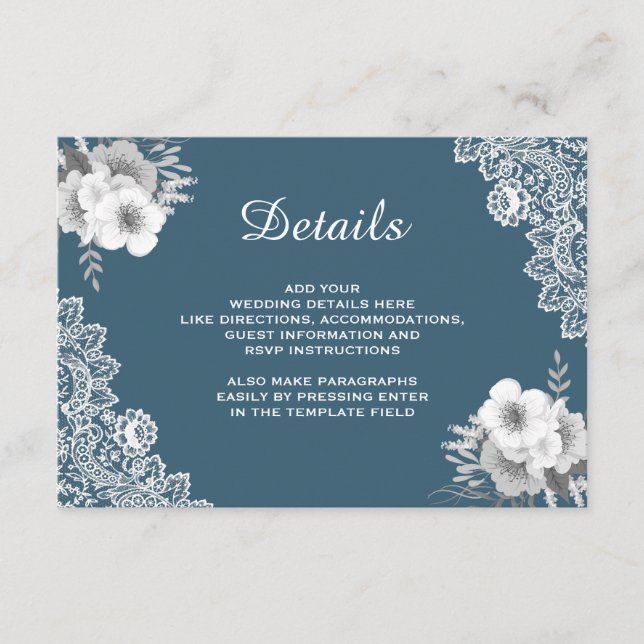 Elegant Blue Floral Lace Hochzeiten Details Begleitkarte (Vorderseite)