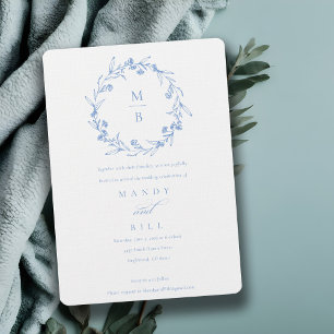 Elegant Blue Floral Laurel Wreath Monogram Wedding Einladung