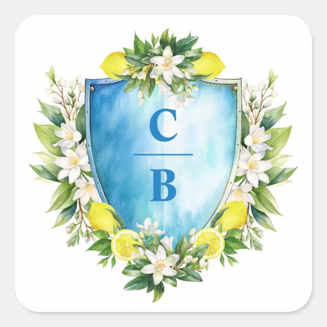 Elegant Blue Floral Lemon Wappen Monogram Wedding Quadratischer Aufkleber (Vorderseite)