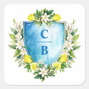 Elegant Blue Floral Lemon Wappen Monogram Wedding Quadratischer Aufkleber