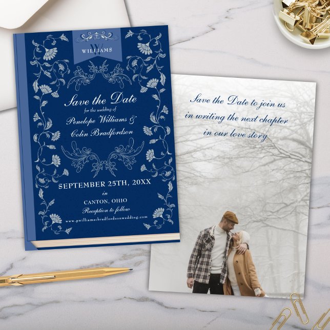 Elegant Blue Floral Library Wedding Save the Date Einladung (Blue and Cream Elegant Save the Date Wedding Invitation Cards for Library Book Cover Victorian Era)