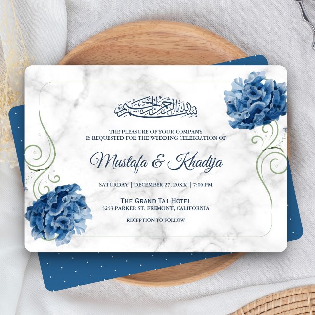Elegant Blue Floral Marble Islamische Hochzeit Einladung (Von Creator hochgeladen)