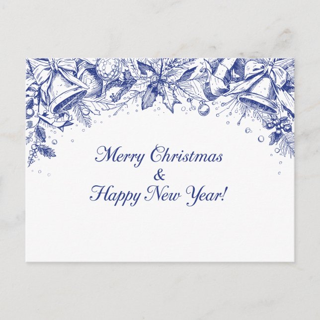 Elegant Blue Floral Merry Christmas Chinoiserie Postkarte (Vorderseite)