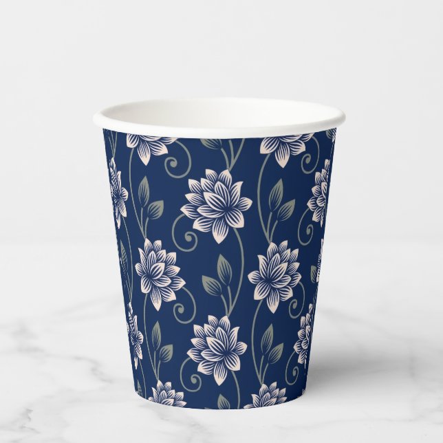 Elegant Blue Floral Pappbecher (Vorderseite)
