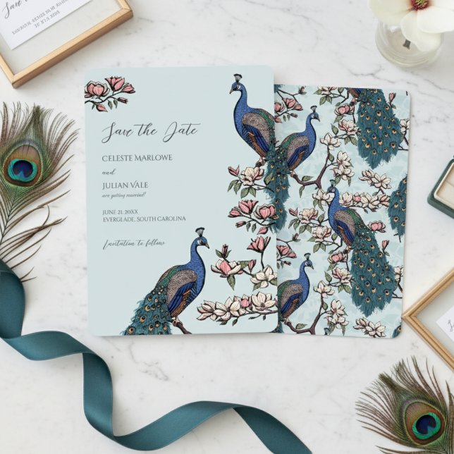 Elegant Blue Floral Peacock Wedding Save The Date (Blue Peacock Save the Dates for Modern Bird Wedding. Vintage Floral Peacock Chinoiserie Engagement )