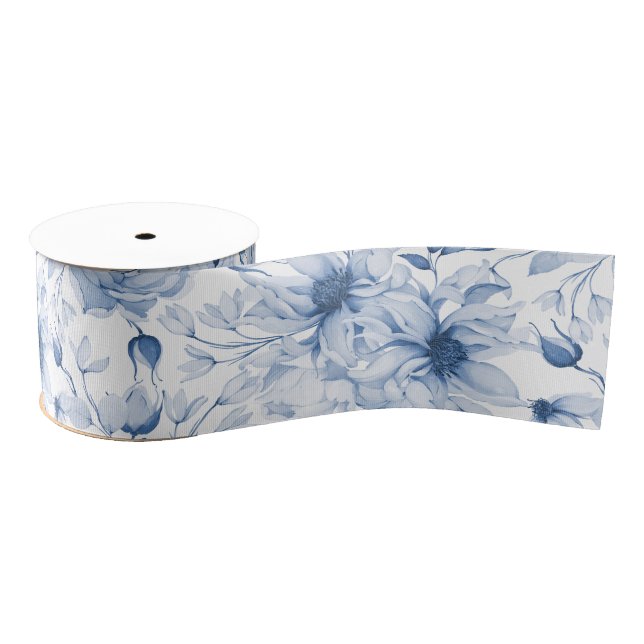 Elegant Blue Floral Peony Grosgrain Ribbon Ripsband (Spule)