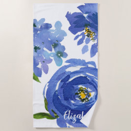 Elegant Blue Floral Peony Watercolor Personalisier Strandtuch