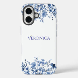 Elegant Blue Floral Personalized iPhone 16 Hülle