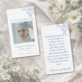 Elegant Blue Floral Photo Prayer Card Visitenkarte