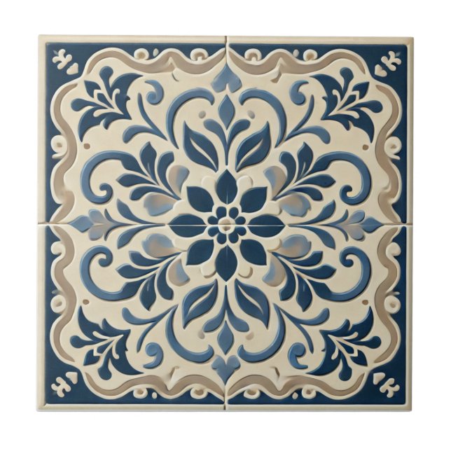 Elegant Blue Floral - Portugiesisch Azuljo Design Fliese (Vorderseite)