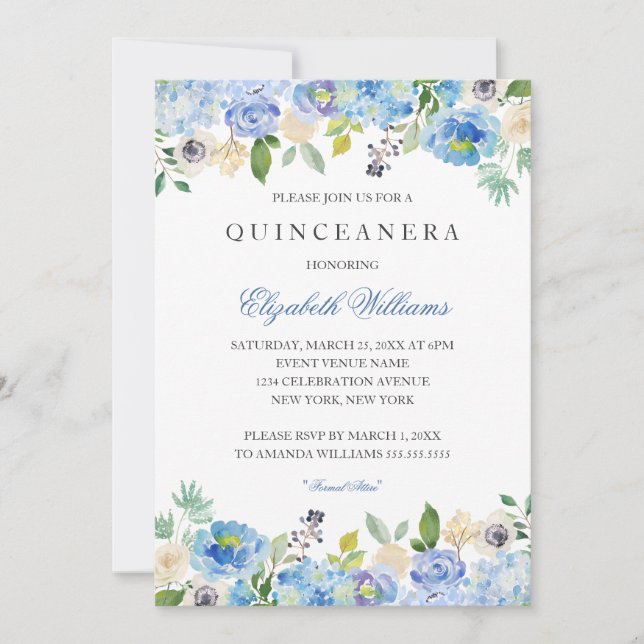 Elegant Blue Floral Quinceanera Einladung (Vorderseite)