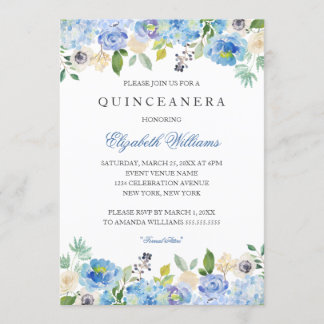 Elegant Blue Floral Quinceanera Einladung