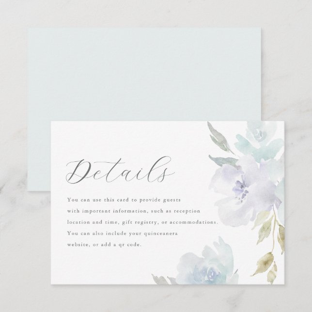 Elegant Blue Floral Quinceanera Gastdetails RSVP Karte (Vorne/Hinten)