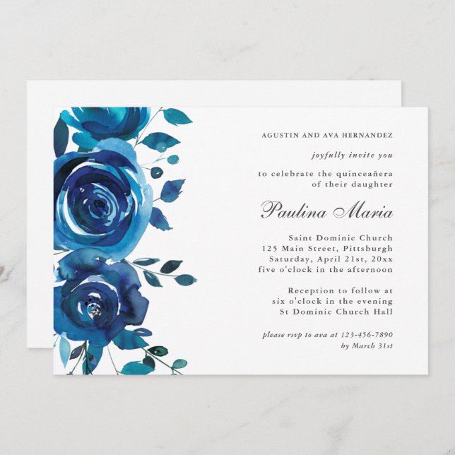 Elegant Blue Floral Quinceañera Invitation Einladung (Vorne/Hinten)