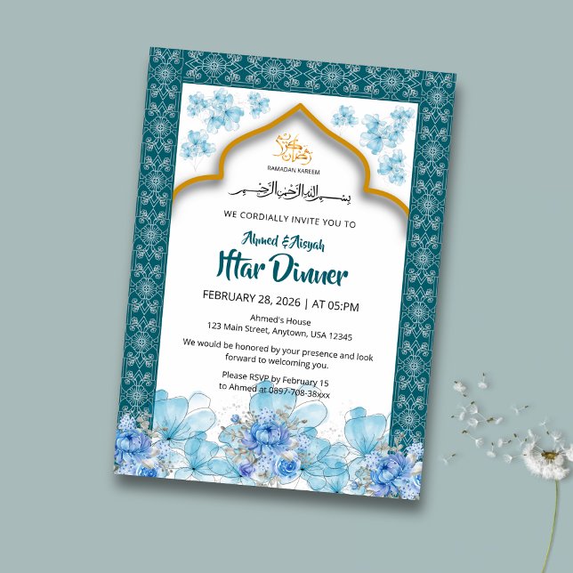 Elegant Blue Floral Ramadan Iftar Invitation Einladung (Von Creator hochgeladen)