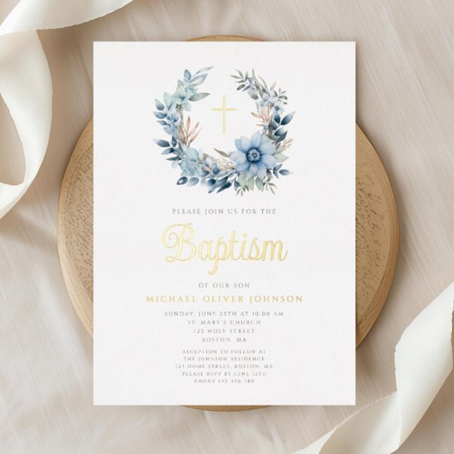 Elegant Blue Floral Religious Boy Baptism Gold Folieneinladung (Elegant Blue Floral Religious Boy Baptism Gold Foil Invitation)