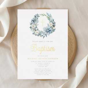 Elegant Blue Floral Religious Boy Baptism Gold Folieneinladung