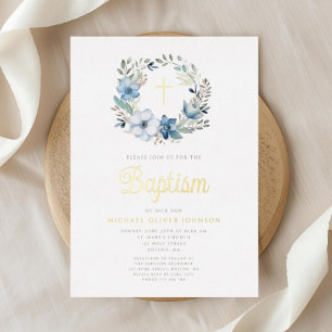 Elegant Blue Floral Religious Boy Baptisse Folieneinladung
