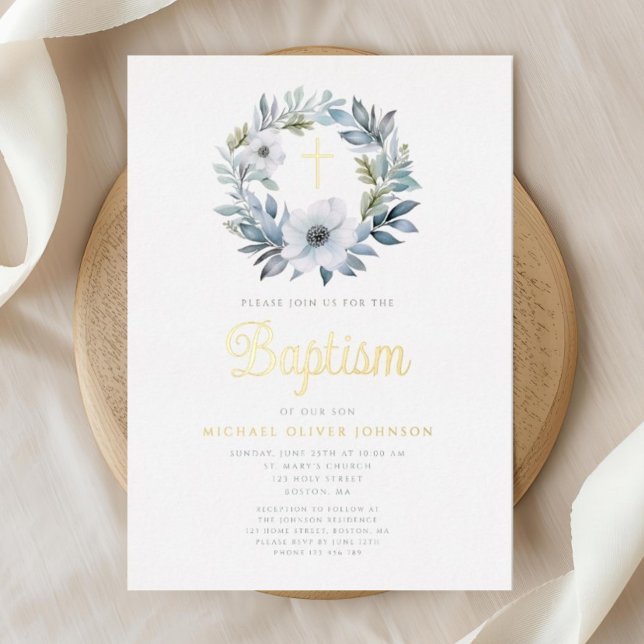 Elegant Blue Floral Religious Boy Baptisse Folieneinladung (Elegant Blue Floral Religious Boy Baptism Foil Invitation)