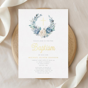 Elegant Blue Floral Religious Cross Boy Taufe Folieneinladung
