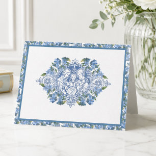 Elegant Blue Floral Religious Heilige Familie Dankeskarte