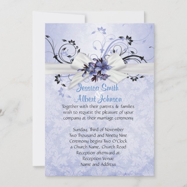 Elegant Blue Floral Ribbon Damask Wedite Einladung (Vorderseite)