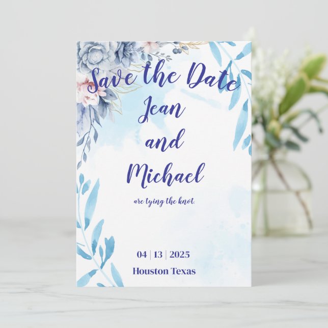Elegant Blue Floral Save the Date Einladung (Stehend Vorderseite)