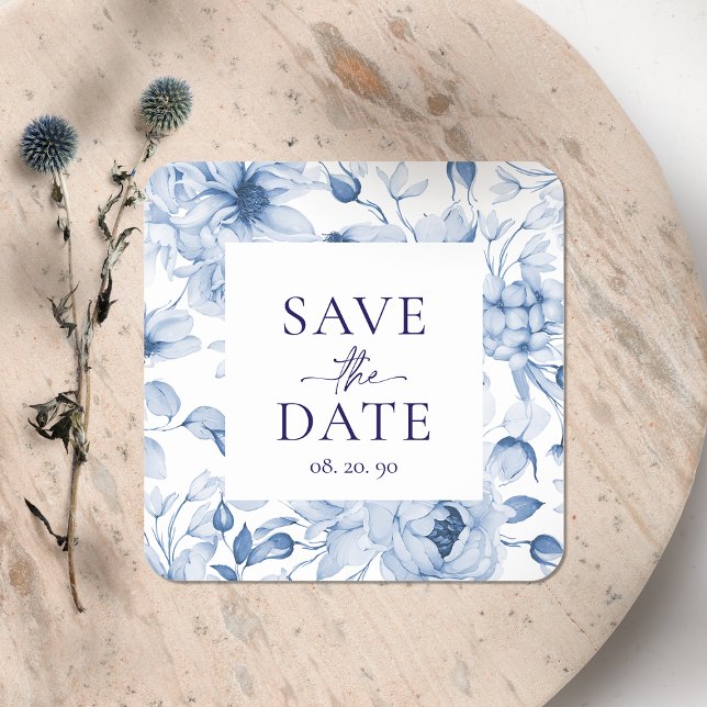 Elegant Blue Floral "Save the Date" Hochzeit Quadratischer Aufkleber (Von Creator hochgeladen)
