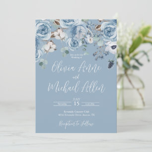 Elegant Blue Floral Script Einladung zur Hochzeit