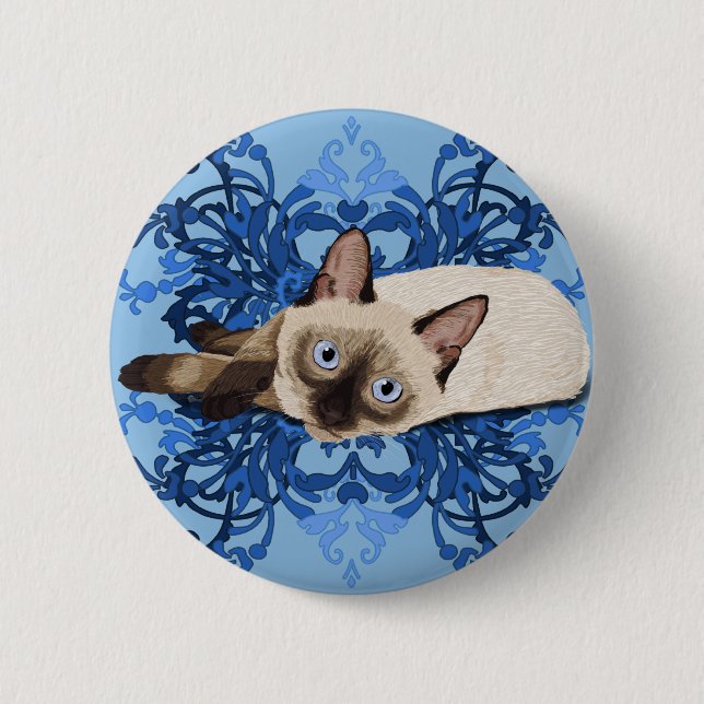 Elegant Blue Floral Siamese Katze Hübsch Feline Button (Vorderseite)