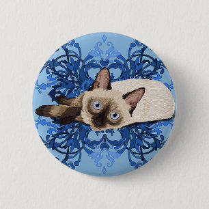 Elegant Blue Floral Siamese Katze Hübsch Feline Button