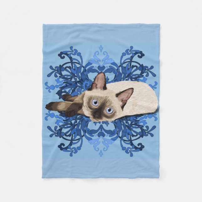 Elegant Blue Floral Siamese Katze Hübsch Feline Fleecedecke (Vorderseite)
