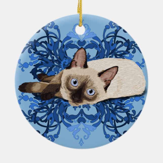 Elegant Blue Floral Siamese Katze Hübsch Feline Keramikornament (Hinten)