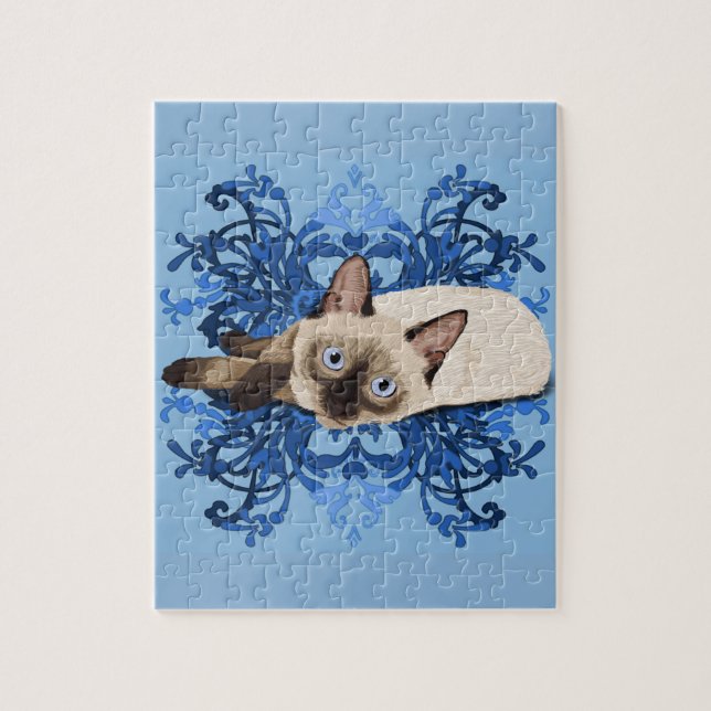 Elegant Blue Floral Siamese Katze Hübsch Feline Puzzle (Vertikal)