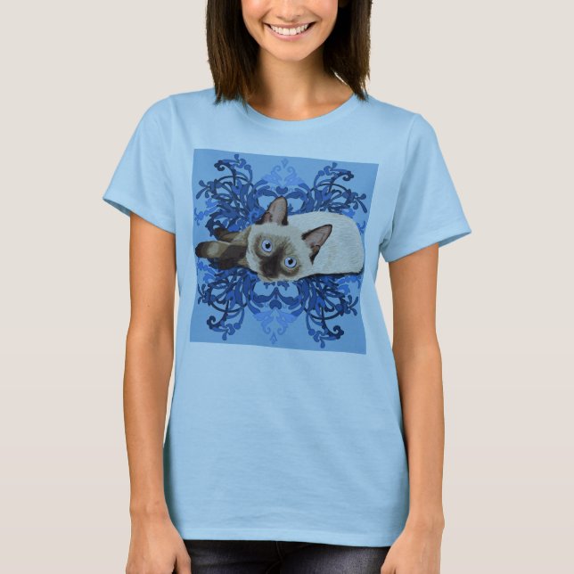 Elegant Blue Floral Siamese Katze Hübsch Feline T-Shirt (Vorderseite)