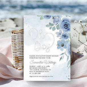 Elegant Blue Floral Silver Boy Baby Shower Folieneinladung