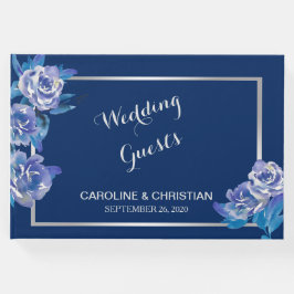 Elegant Blue Floral Silver Wedding Gästebuch