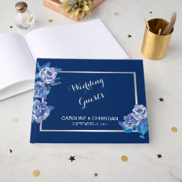 Elegant Blue Floral Silver Wedding Gästebuch