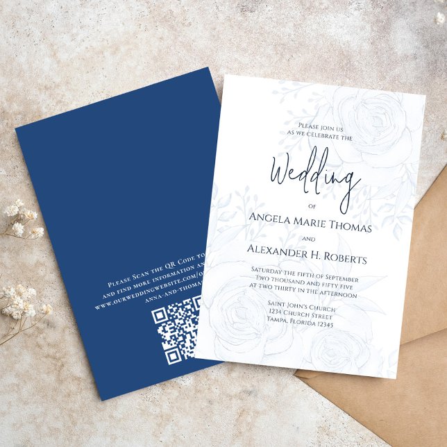 Elegant Blue Floral Simple Classic Blue | QR Code  Einladung (Wedding invitation with elegant floral design with a modern QR code.)