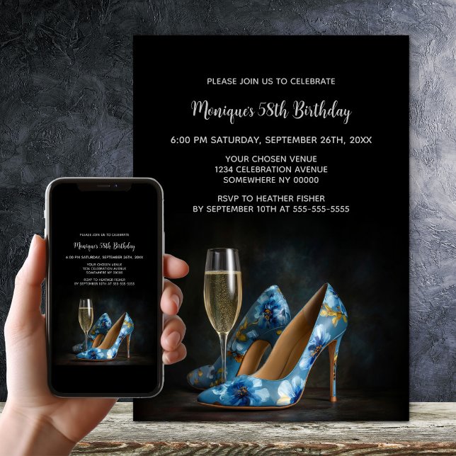 Elegant Blue Floral Stiletto Shoes Birthday Party Einladung (Von Creator hochgeladen)